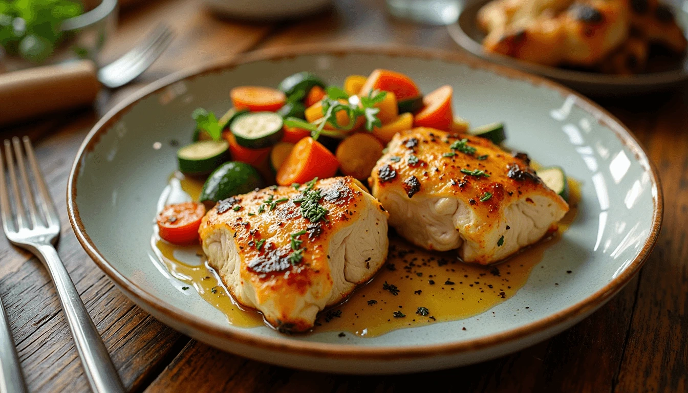 Garlic herb chicken thighs with roasted vegetables served as part of Whole 30 dinner recipes on a rustic plate.