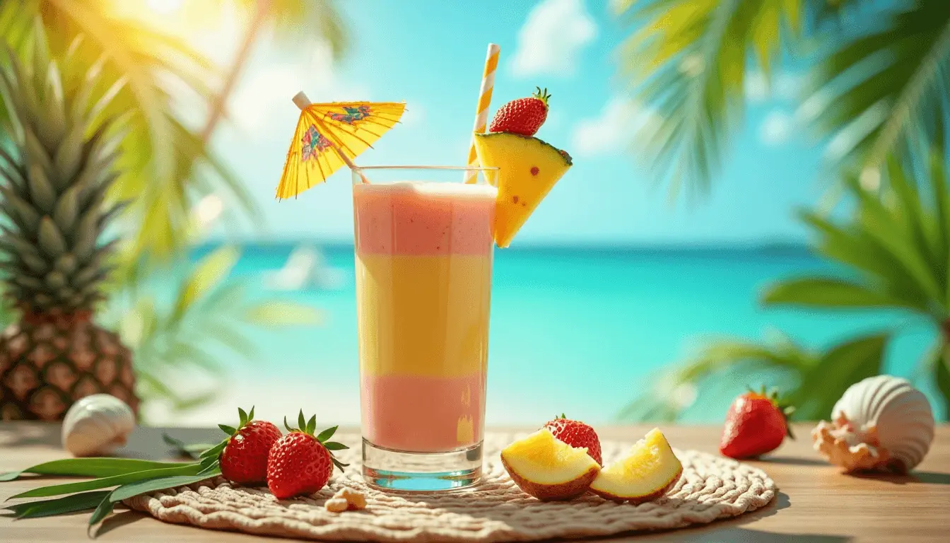 A beautifully layered Bahama Mama tropical smoothie in a tall glass, garnished with pineapple and strawberry, with a paper umbrella and striped straw, placed on a tropical beachside table under palm trees.