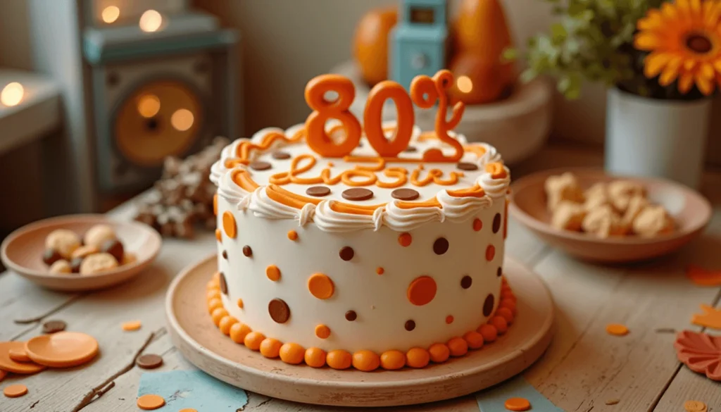 Retro Birthday Cake Designs for Him in 70s-style orange and brown with classic shapes ,