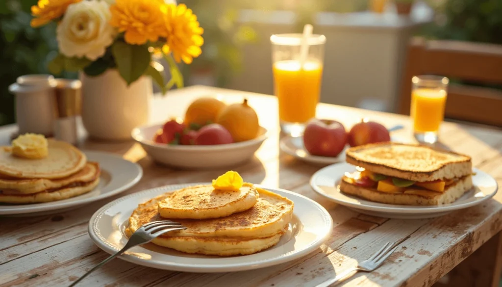 A cheerful breakfast table with multiple sourdough breakfast recipes like pancakes, toast, and sandwiches.