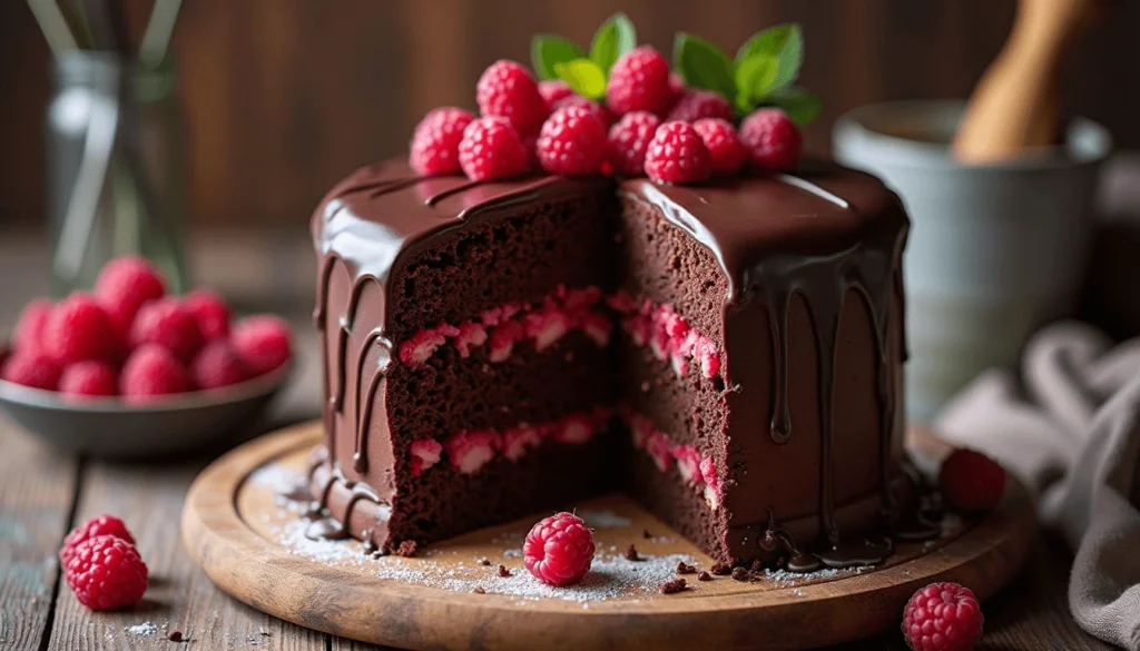 Homemade chocolate raspberry birthday cake for 50th birthday with ganache and berries