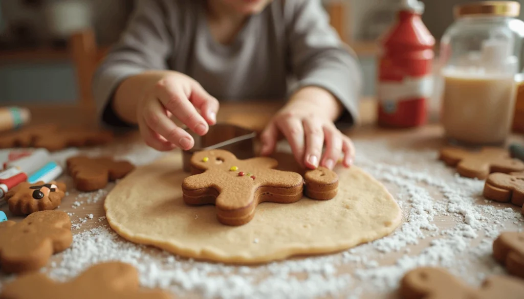 Gingerbread man cookie cutter with decorated cookies and child’s hands