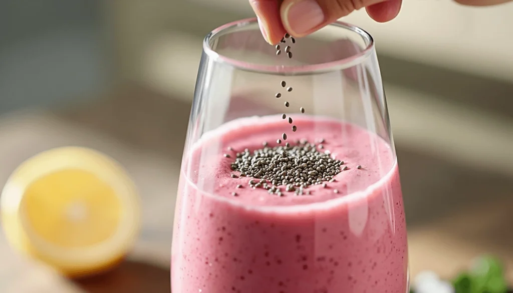 Chia seeds sprinkled on top of a bright pink tropical fruit smoothie.

