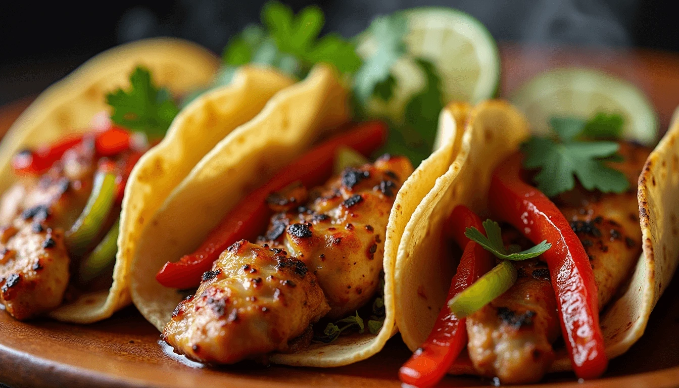 Blackstone chicken fajitas served hot in tortillas with grilled peppers and onions, showcasing juicy chicken fajitas on blackstone.