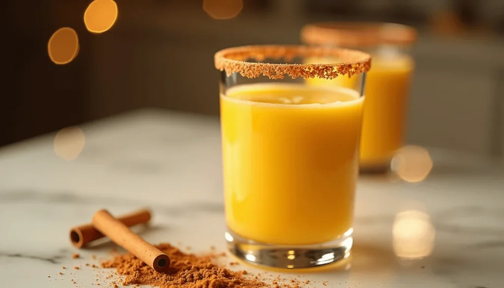 Mango smoothie with sugar, cinnamon, and cayenne rim on a marble countertop