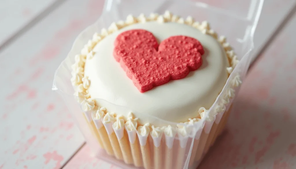 Realistic close-up of a minimalist white bento cake with a red heart in a clear lunchbox