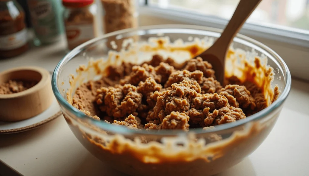 Mixing Starbucks Ginger Molasses Cookie dough in a glass bowl