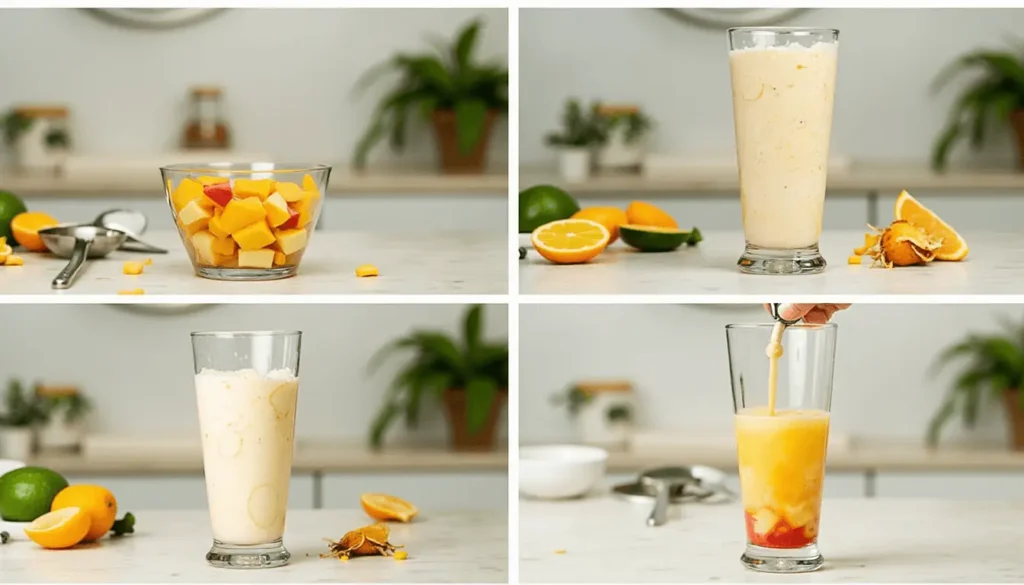 Collage showing the step-by-step process of making a Bahama Mama tropical smoothie.

