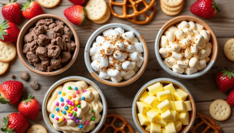 A top-down view of five dessert dip recipes served in colorful bowls with assorted dippers like fruit, cookies, and pretzels.