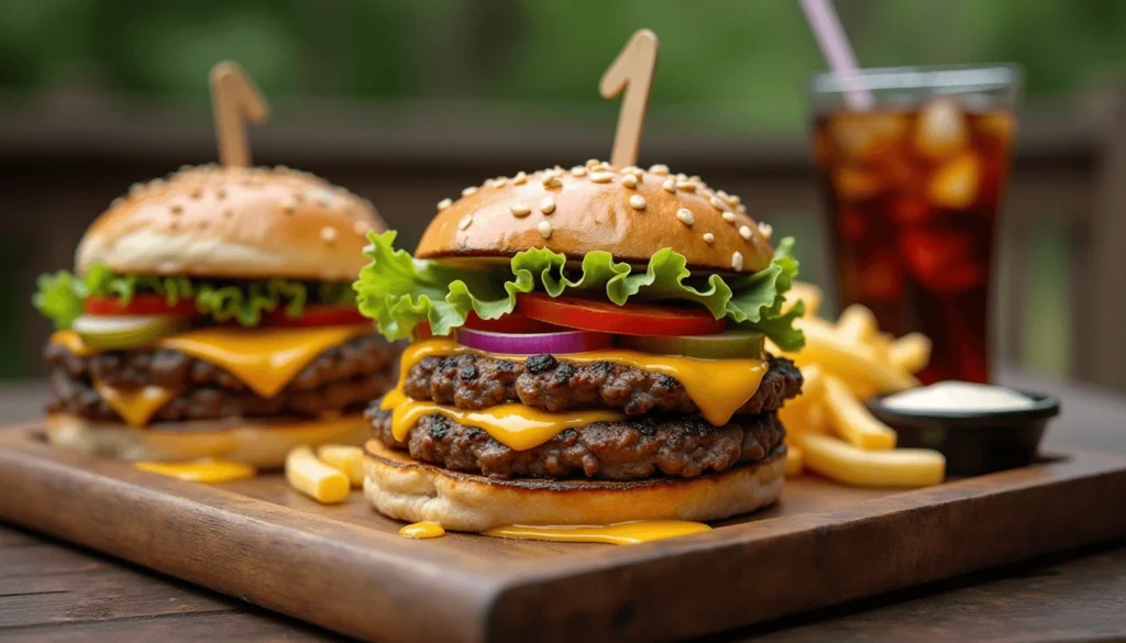 Blackstone smash burgers served with French fries and a soda in a full meal setting.