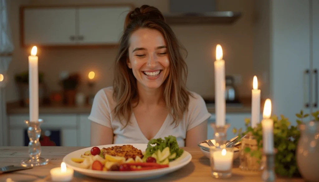 A person enjoying a Whole 30 dinner recipe at a cozy kitchen table with a warm and inviting atmosphere.