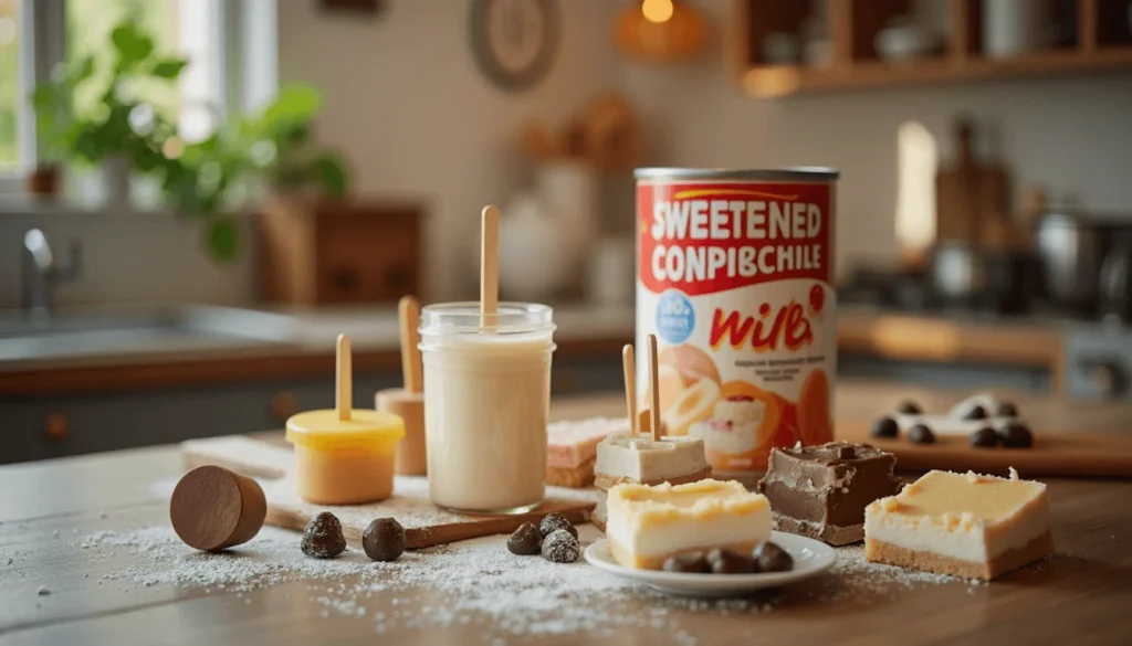 A variety of condensed milk dessert recipes displayed on a kitchen counter, including fudge, cheesecake, and popsicles.