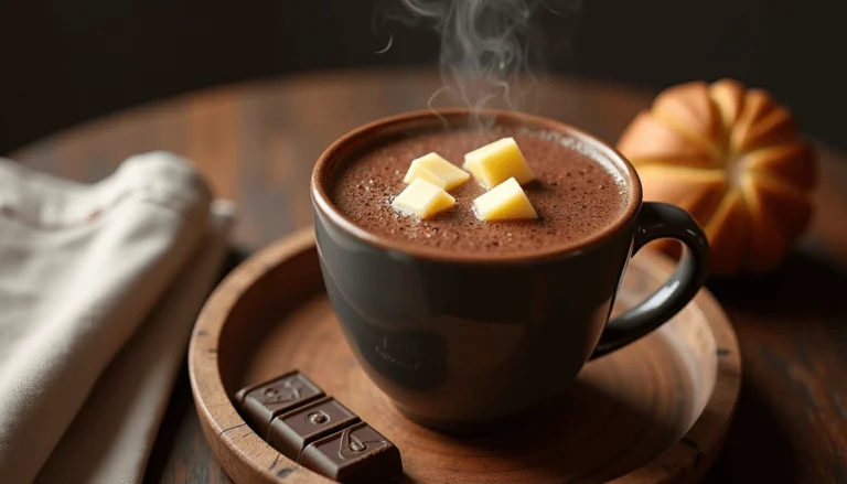 "A steaming mug of Chocolate Santafereño with cheese cubes melting inside, served with almojábanas on a wooden tray – classic Colombian hot chocolate."