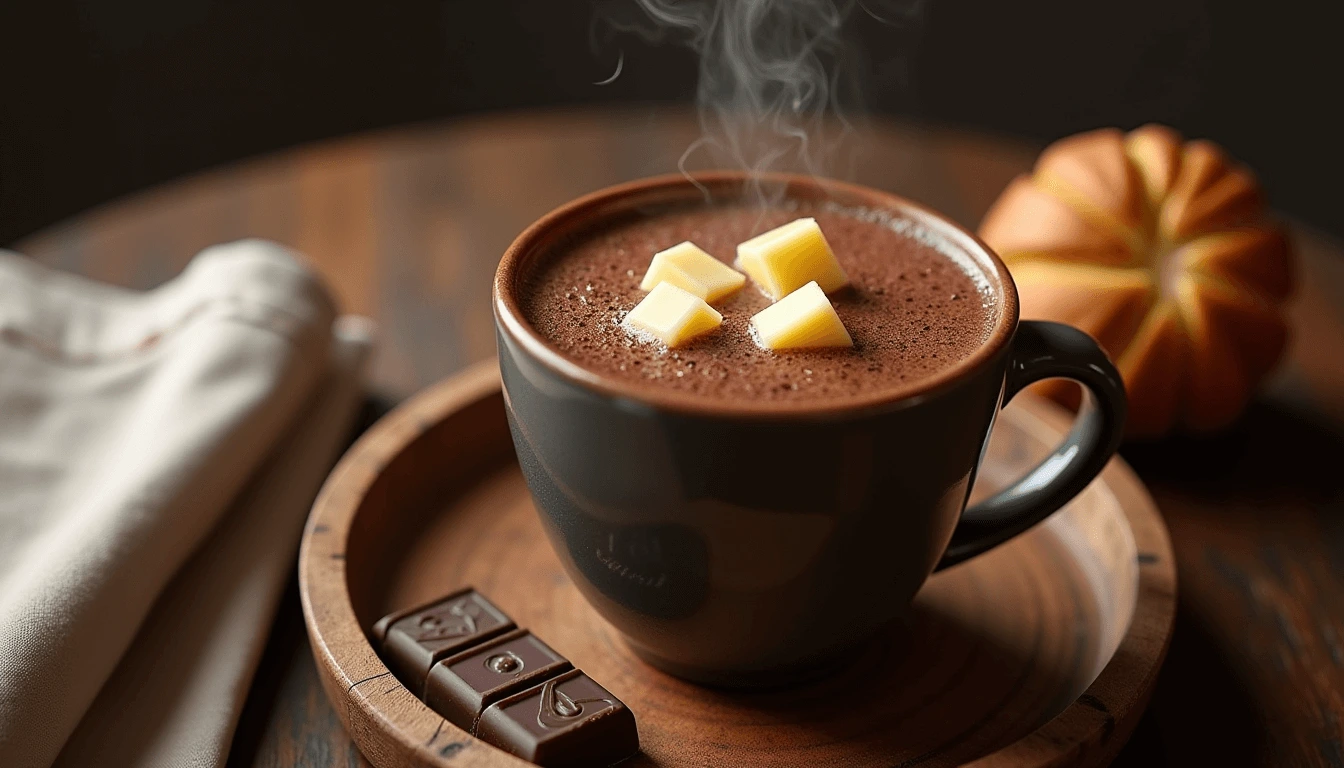 "A steaming mug of Chocolate Santafereño with cheese cubes melting inside, served with almojábanas on a wooden tray – classic Colombian hot chocolate."