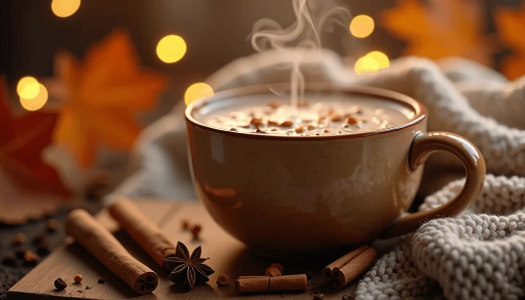 Warm spiced taro chai in a ceramic mug with cinnamon sticks, star anise, and autumn decor