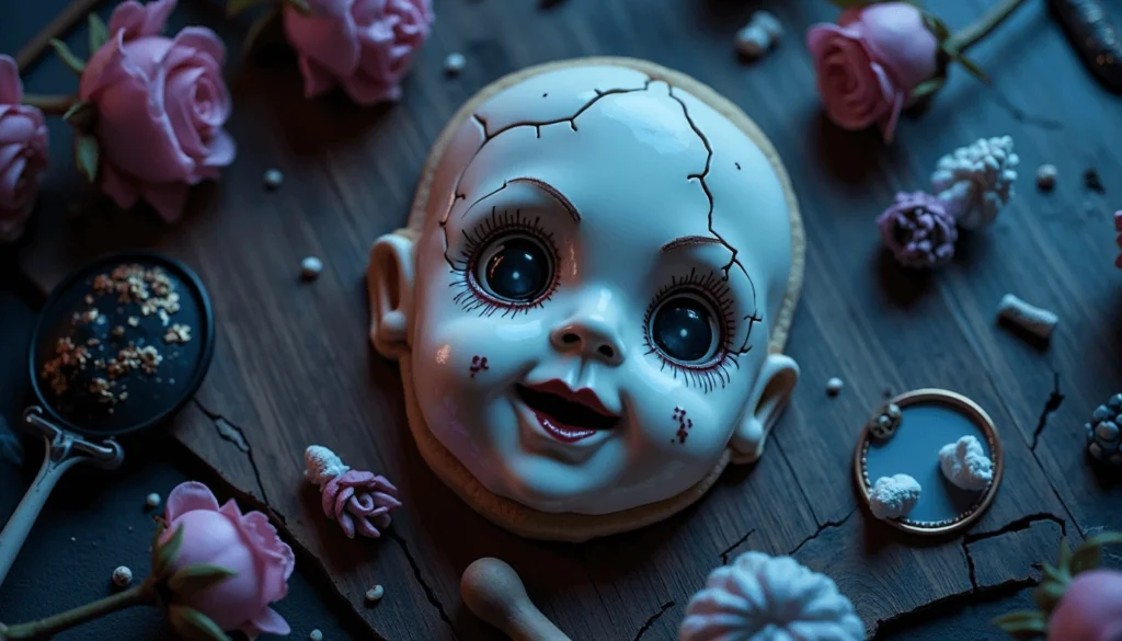 Halloween cookie shaped like a cracked porcelain doll’s head with stitched mouth and hollow eyes.