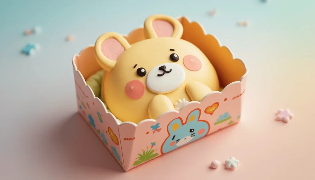 A cute cartoon-themed bento cake with buttercream character design in a decorated paper box