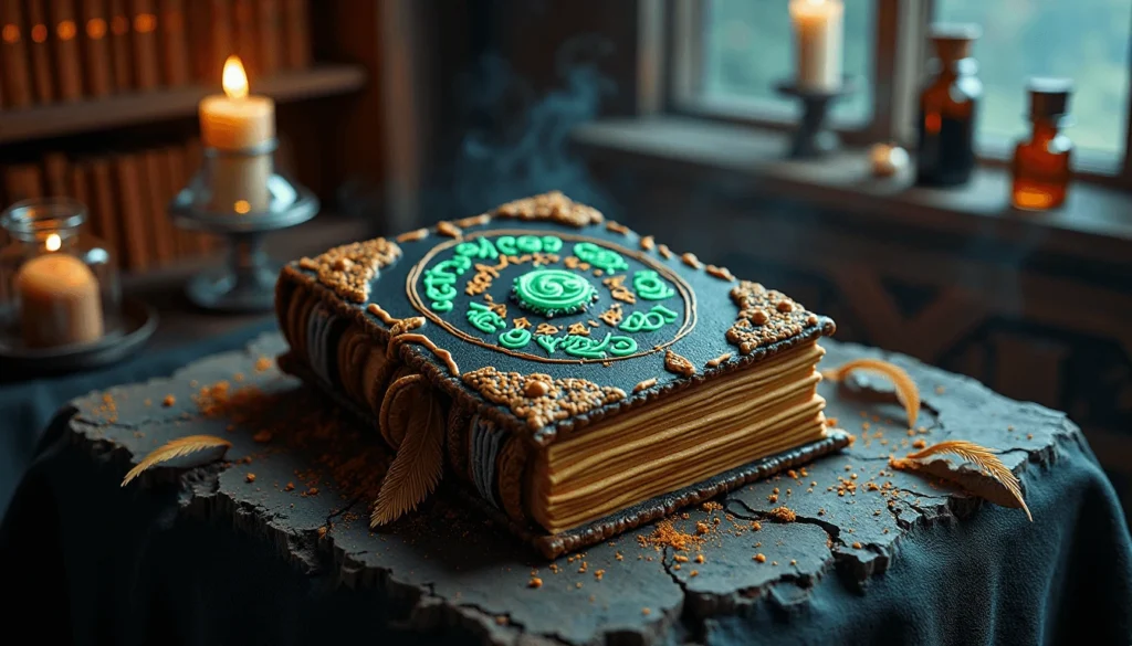 Cookie shaped like an ancient cursed spell book with runes, cracks, and glowing icing.