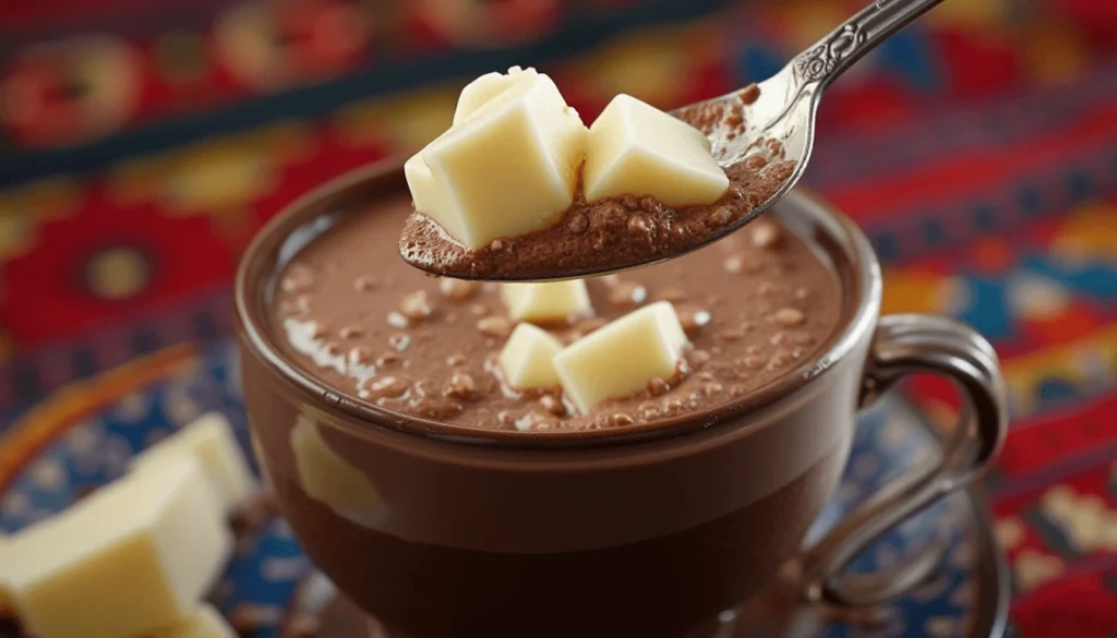 Colombian hot chocolate with white cheese cubes melting inside the mug.
