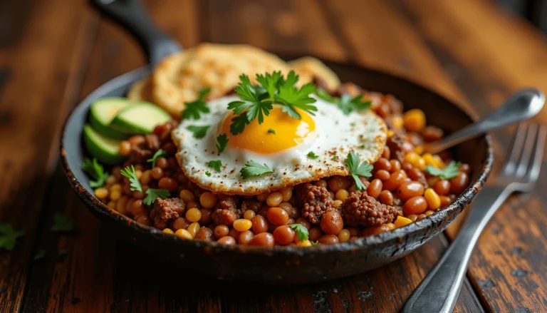 Calentado Paisa served with fried egg, avocado, and arepa – a traditional Colombian breakfast from the Paisa region.