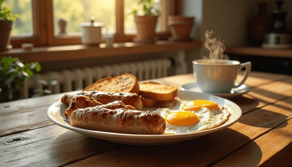 A rustic breakfast plate featuring golden-brown Venison Breakfast Sausage Recipe, eggs, toast, and coffee in a sunlit country kitchen.