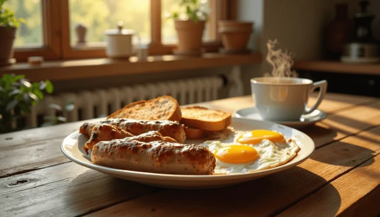 A rustic breakfast plate featuring golden-brown Venison Breakfast Sausage Recipe, eggs, toast, and coffee in a sunlit country kitchen.