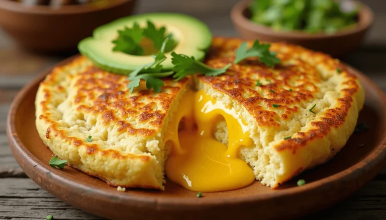 Arepa con queso, golden and crispy, with melted cheese spilling from the center, garnished with avocado slices