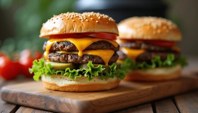 Juicy Blackstone Burgers with melted cheese and fresh toppings on brioche buns.