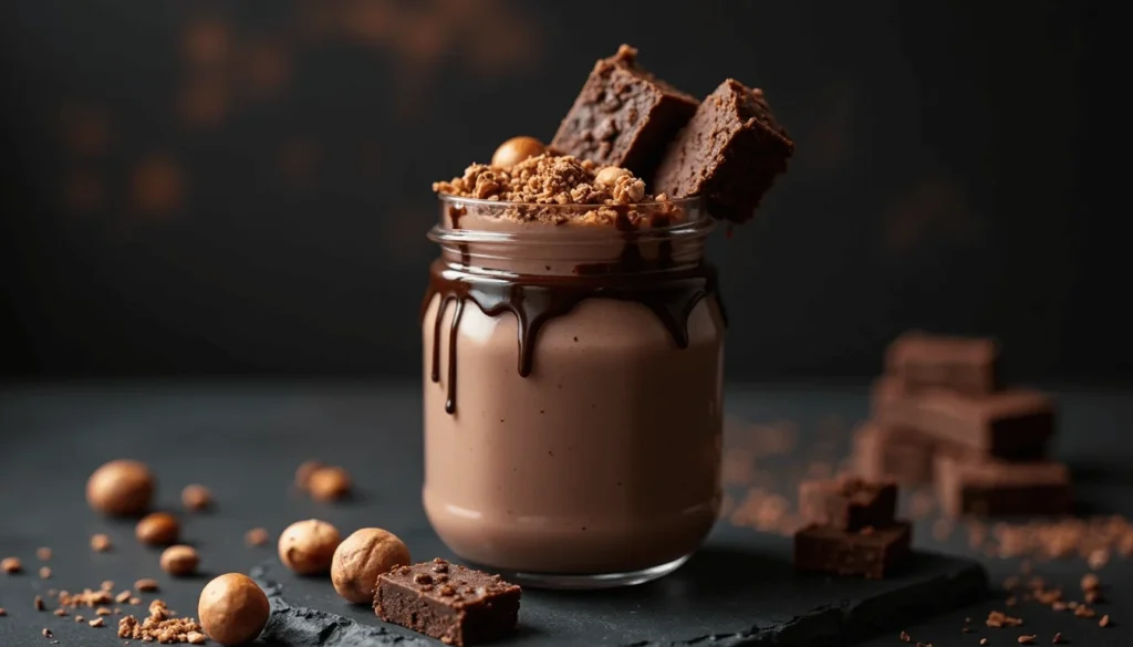 Chocolate smoothie with melted dark chocolate drip and hazelnut garnish