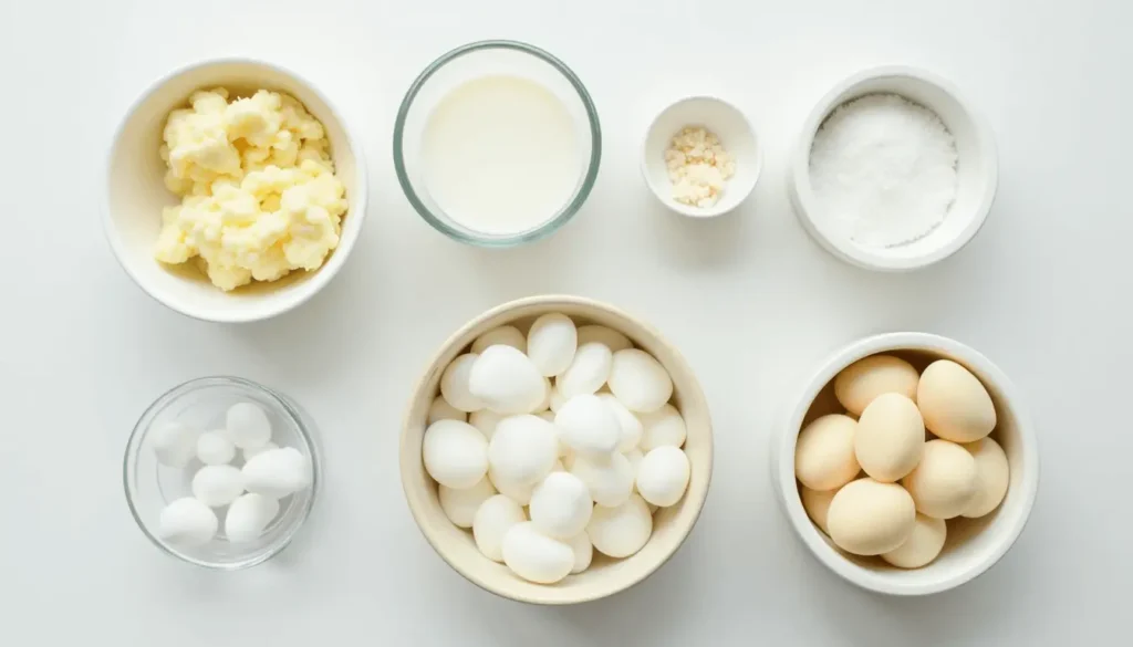 Flat lay of classic taro juice ingredients including mashed taro, milk, sugar, tapioca pearls, and ice on a clean white surface