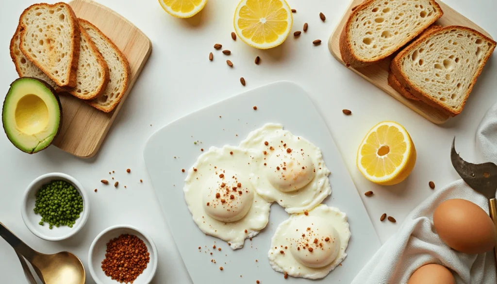 Fresh ingredients for making sourdough avocado toast, including sourdough bread, avocados, eggs, and seasonings.
