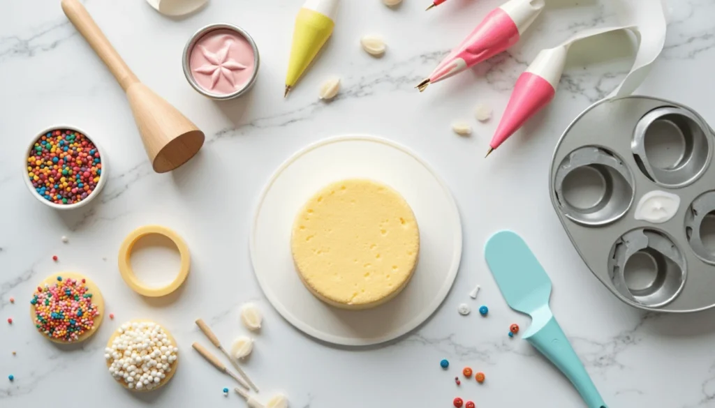 Flat lay of ingredients for making a bento cake including sponge layers, buttercream, piping bags, and tools