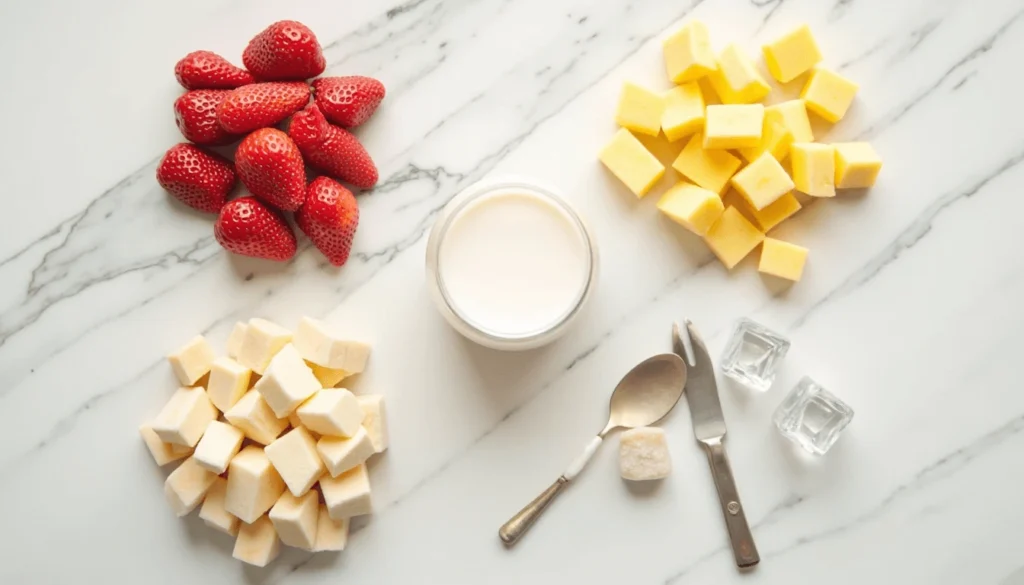 Flat lay of Bahama Mama smoothie ingredients: strawberries, pineapple, coconut milk, white chocolate syrup, and ice cubes.

