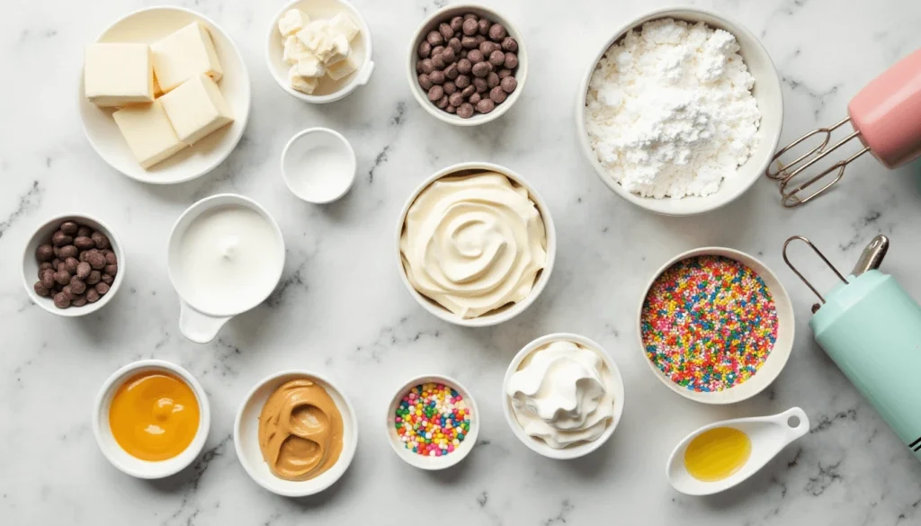 Flat lay of ingredients used in dessert dip recipes, including cream cheese, chocolate chips, whipped topping, and sprinkles.