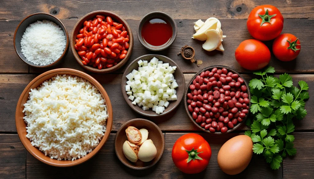 Ingredients for Calentado Paisa – cooked rice, beans, chorizo, tomato, onion, eggs, and cilantro on a rustic table.