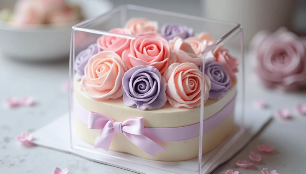 Floral bento cake with pink and lavender buttercream roses in a transparent gift box