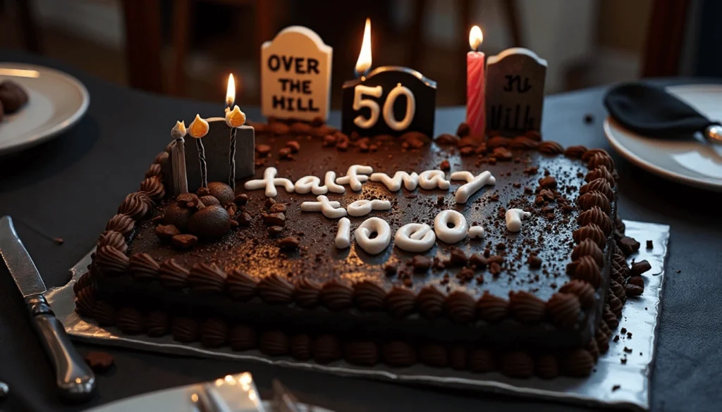 Funny birthday cake for men turning 50 with black fondant and humorous message