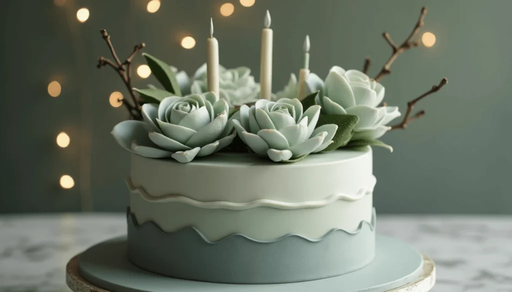 Gender-neutral birthday cake in sage and gray tones with modern design.