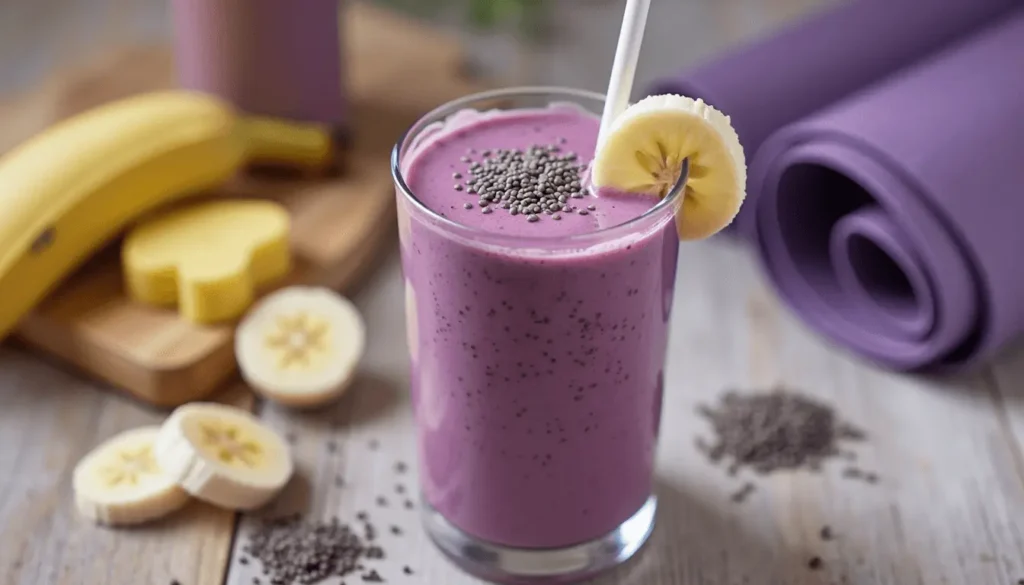 Glass of thick taro banana smoothie with banana slices and chia seeds, fitness accessories in background
