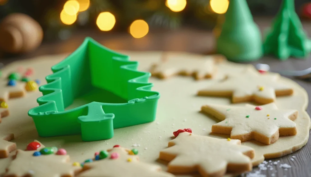 Christmas tree-shaped cookie cutter with green icing and decorations