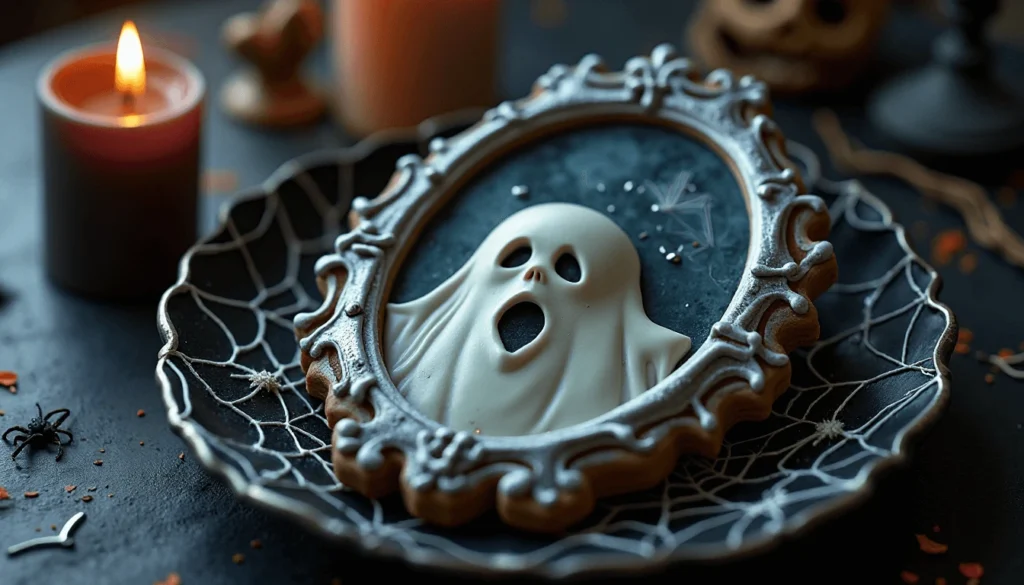 Halloween cookie shaped like a haunted mirror with a ghostly face and cracked icing details.