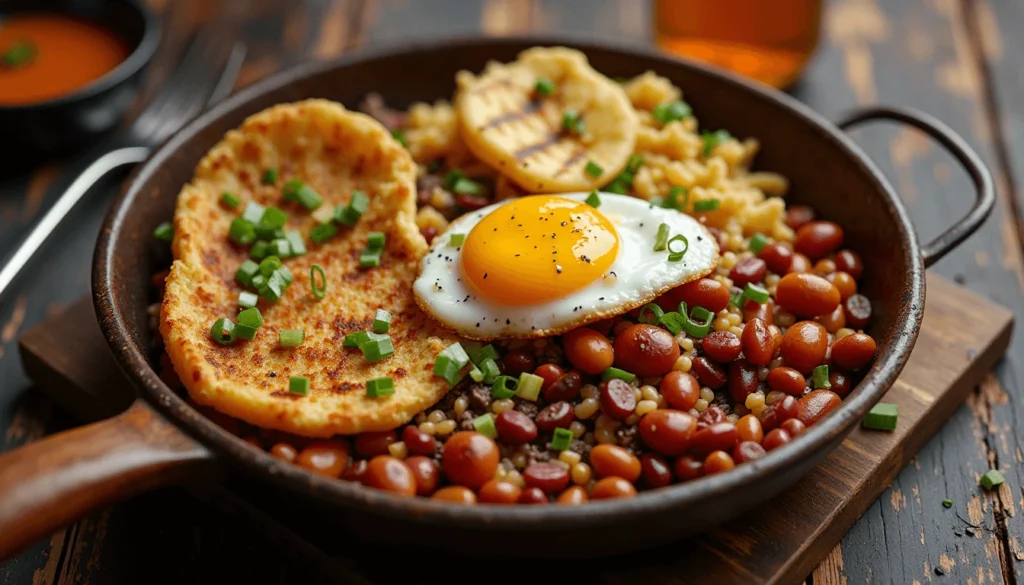 Colombian calentado paisa with rice, beans, plantains, and fried egg.