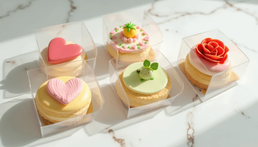 Five realistic Korean bento cake in clear boxes, each with a unique cute design on a marble surface