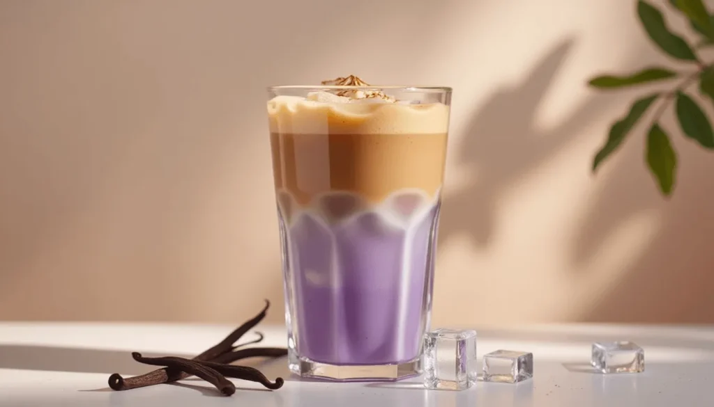 Iced taro latte in a clear glass with layered purple taro and espresso, on a café-style table with minimalist décor