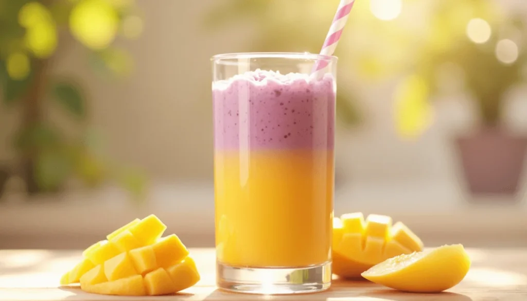 Layered taro and mango juice in a tall glass with sunrise gradient effect and mango slices on the side