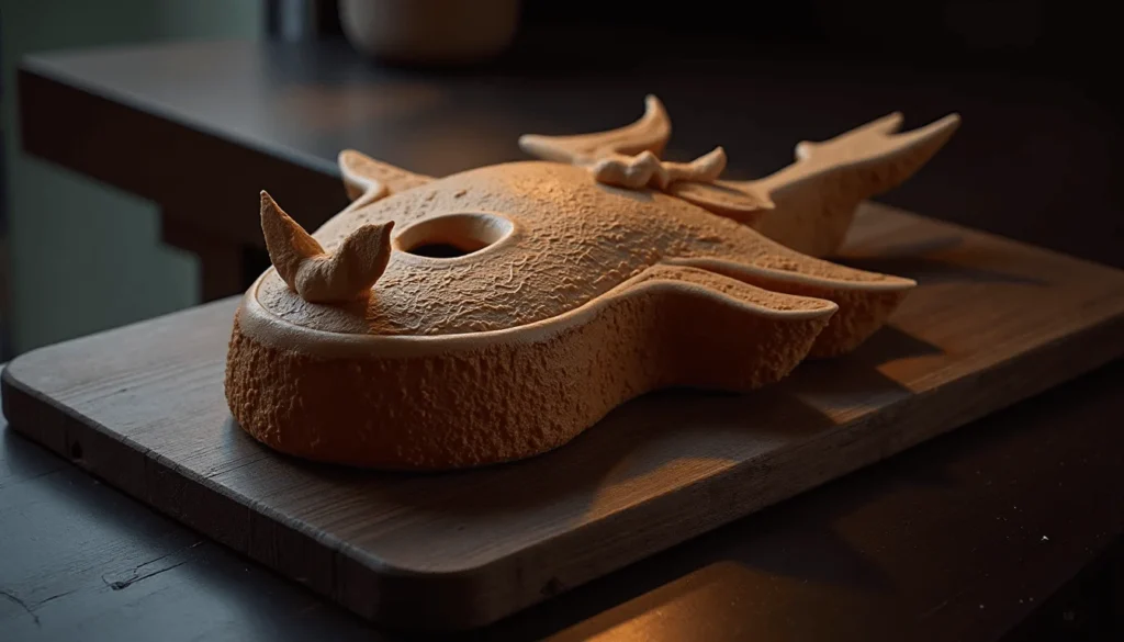 A long bat-shaped cake with realistic wood texture and edible logo