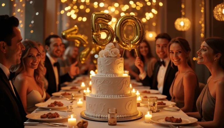 Elegant birthday cakes for 50th birthday with golden balloons and party decor
