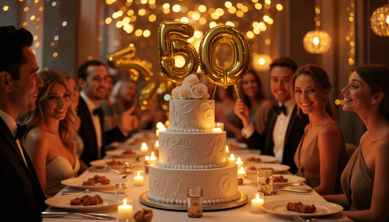 Elegant birthday cakes for 50th birthday with golden balloons and party decor
