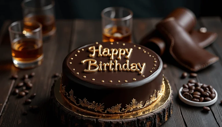 Luxurious birthday cake for men with whiskey glasses and chocolate design