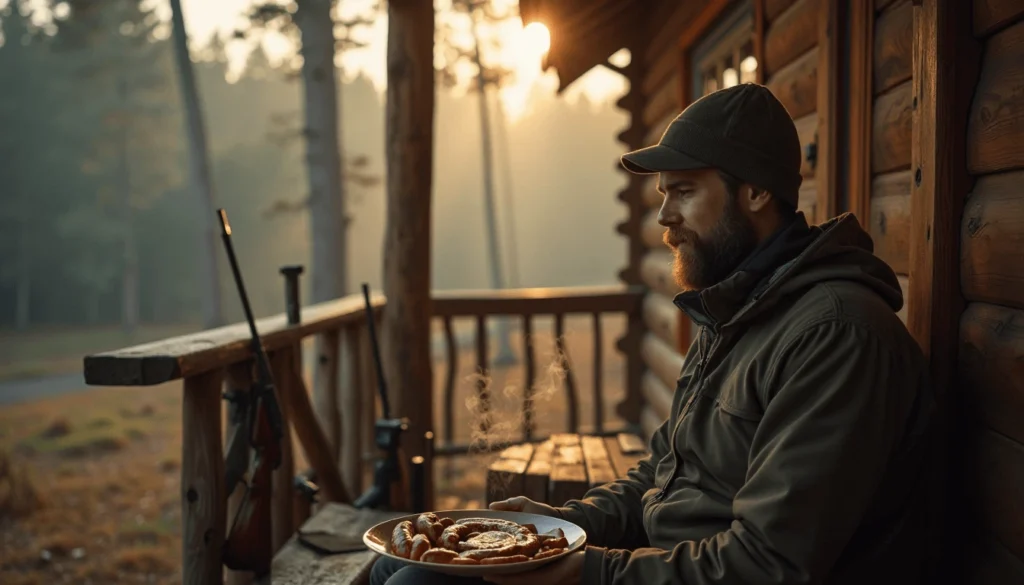 A hunter enjoying homemade venison breakfast sausage on a cabin porch at dawn with a misty forest in the background.